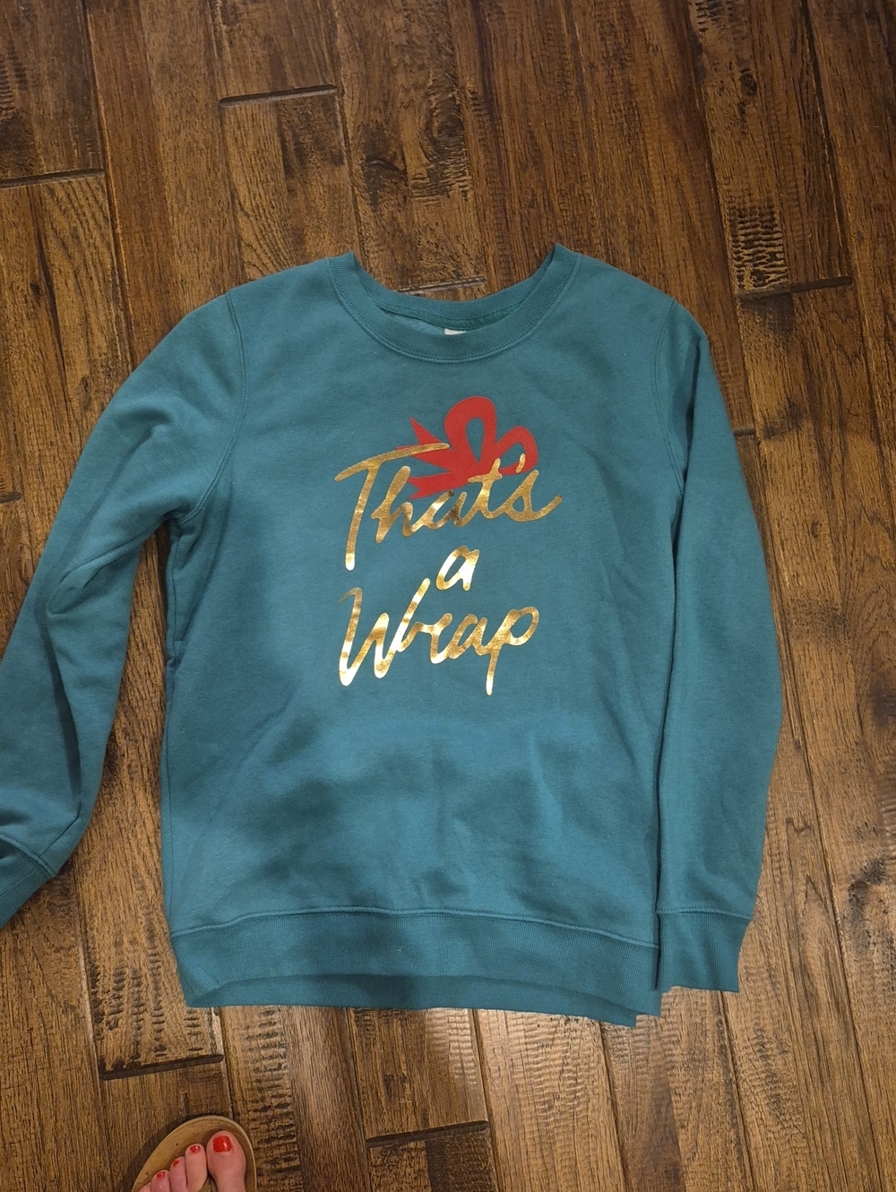 Old Navy Teal Crewneck Sweatshirt with Gold Script and Red Bow